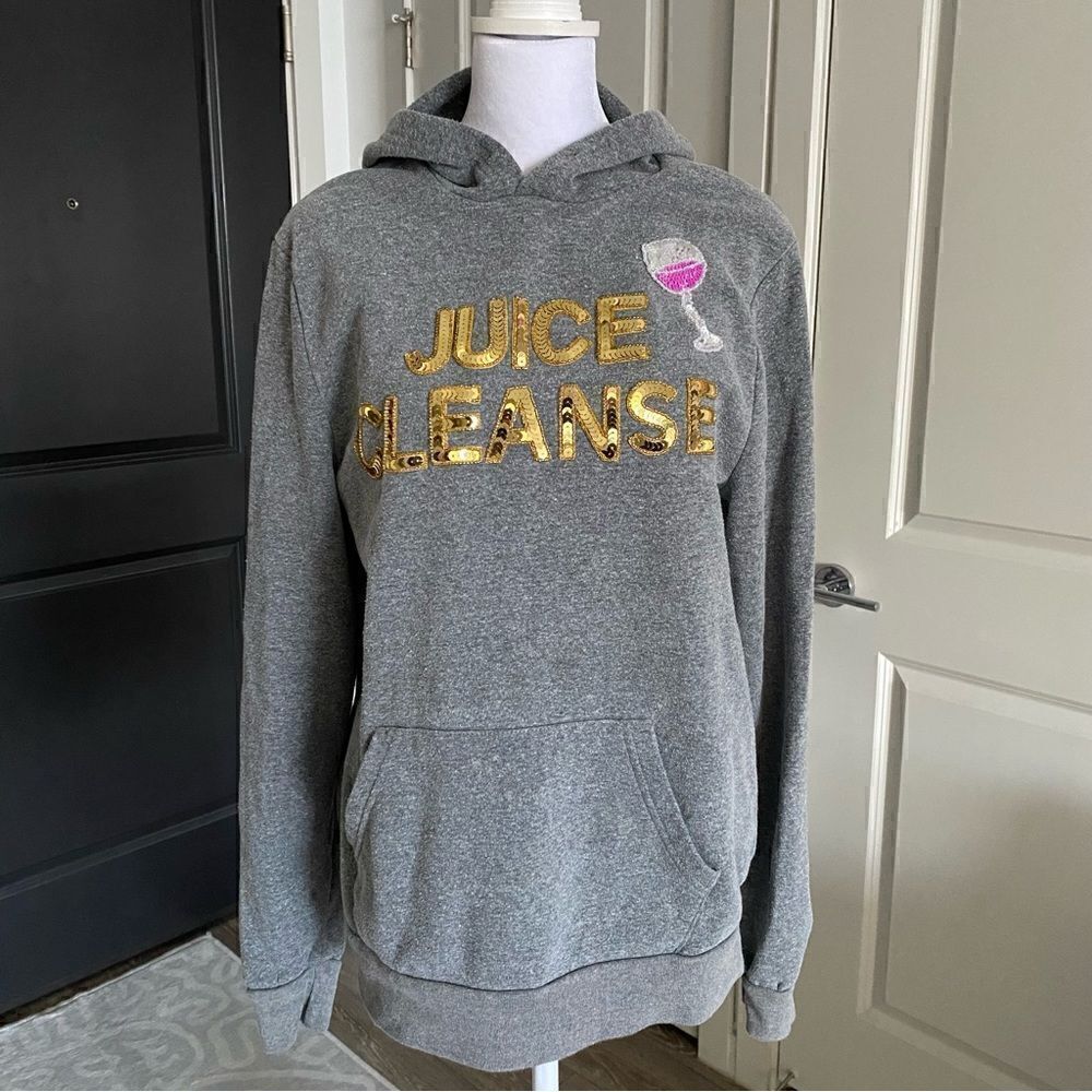 Bow & Drape Gray Long Line Hoodie with Gold Sequins Juice Cleanse Theme Size M - Picture 4 of 6